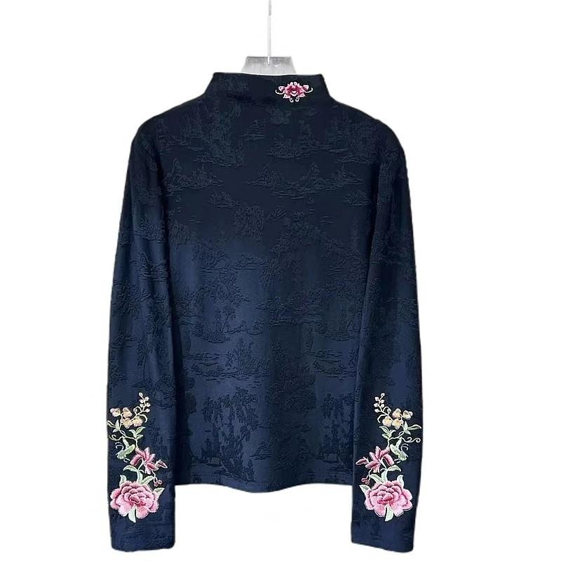 （秋漫）新中式时尚百搭显瘦加绒国风重工刺绣打底衫上衣