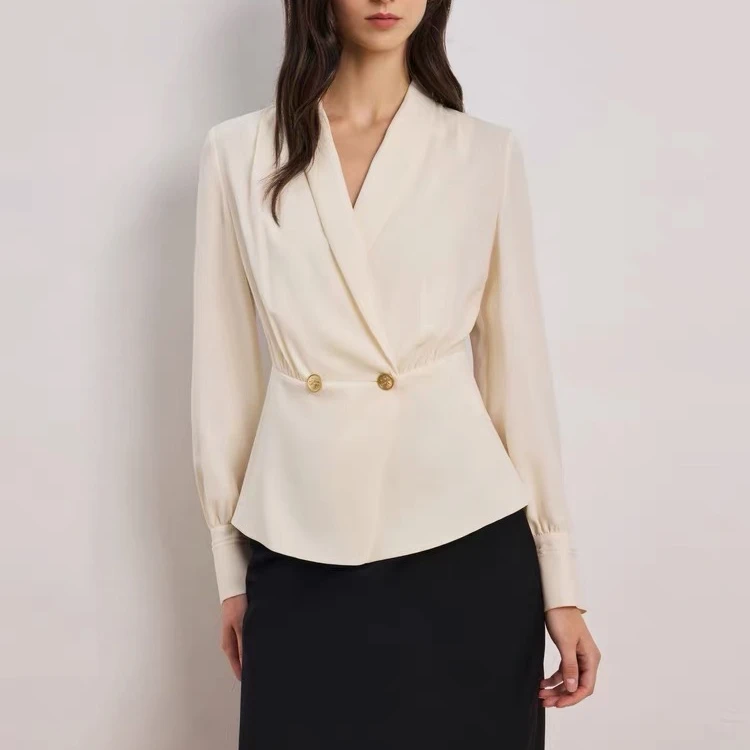 2025飞秒《香榭丽舍》法式V领气质时尚收腰通勤长袖修身衬衫