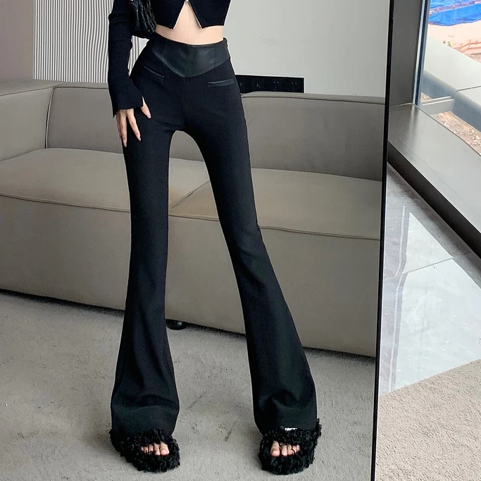MEiMEi收腰皮裤垂坠感高腰修身设计感显瘦女拼接气质黑色时尚裤子