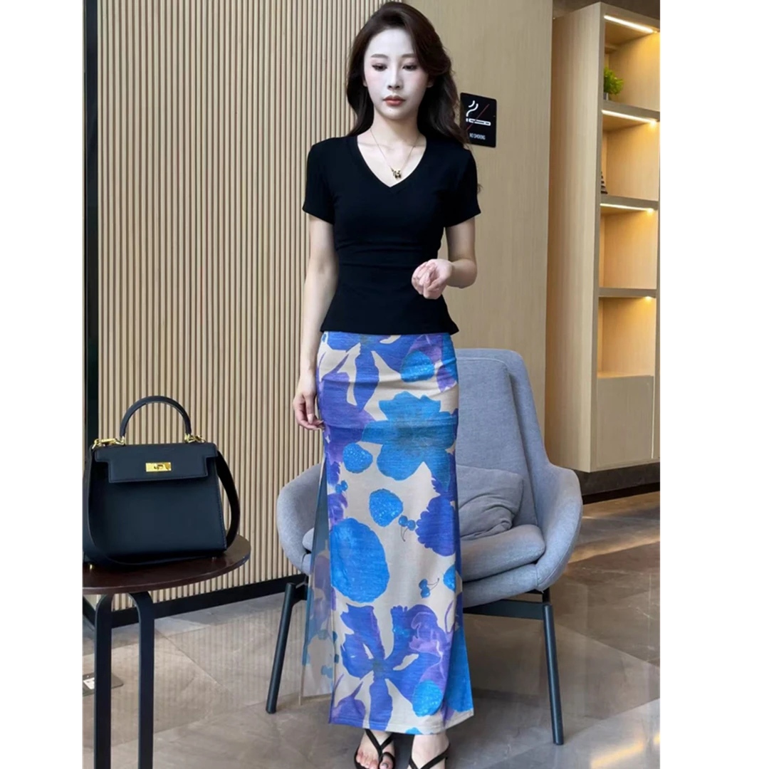 【梦婷家】盛夏海岛度假感印花显瘦百搭双侧开叉半身裙-25640气质