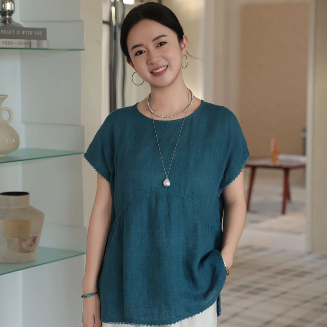 【618专属】孔雀蓝夏减龄显瘦亚麻廓形蕾丝边小衫立体裁剪FSY50583