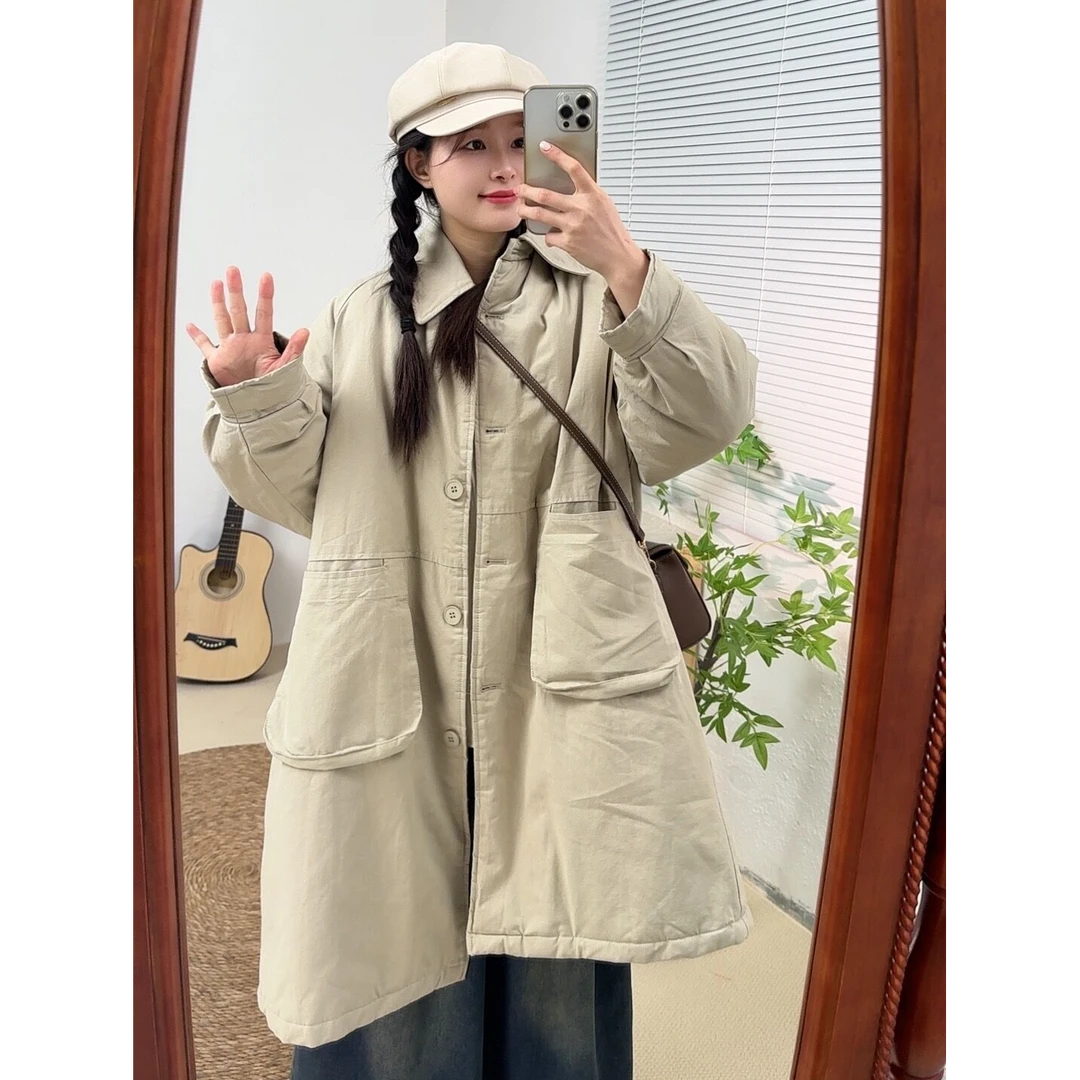 日系复古风中长款夹棉加厚棉衣冬季保暖上衣长外套【口袋凹形设计】
