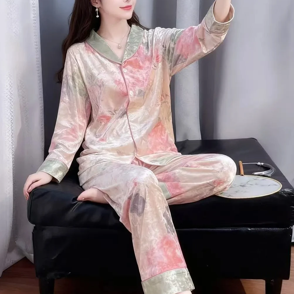 2025春秋秋冬新款钻石睡衣长袖女高级感印花家居服套装丝绒两件套