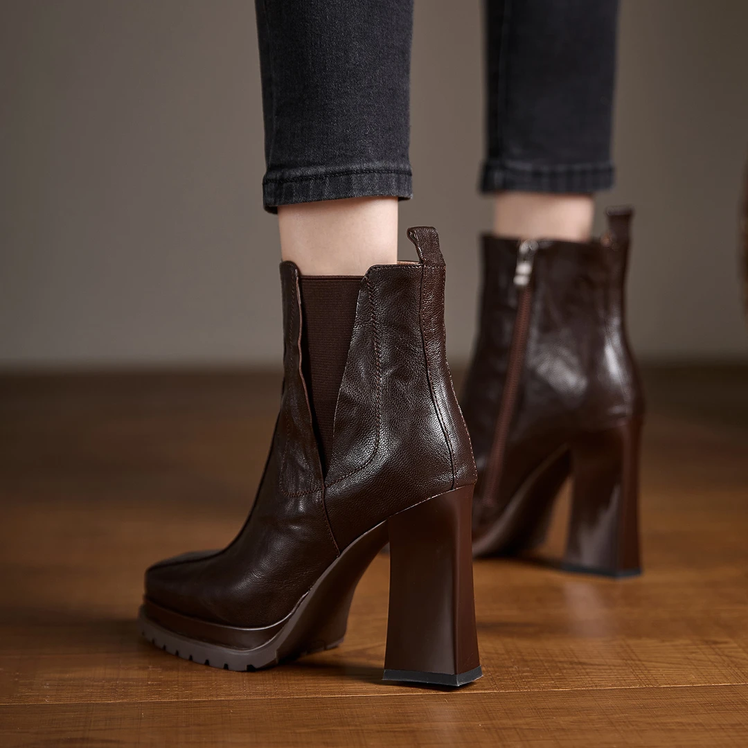 AACC女鞋10cm小个子法式高跟短靴粗跟方头时装靴真皮侧拉链烟筒靴