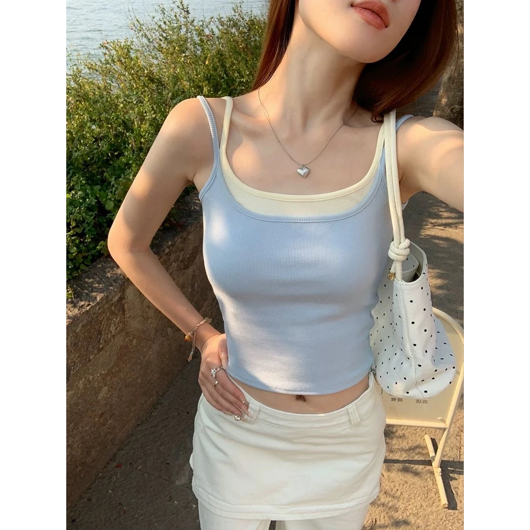 栗子小个子春夏韩版时尚百搭显瘦拼接带胸垫辣妹撞色假两件背心女