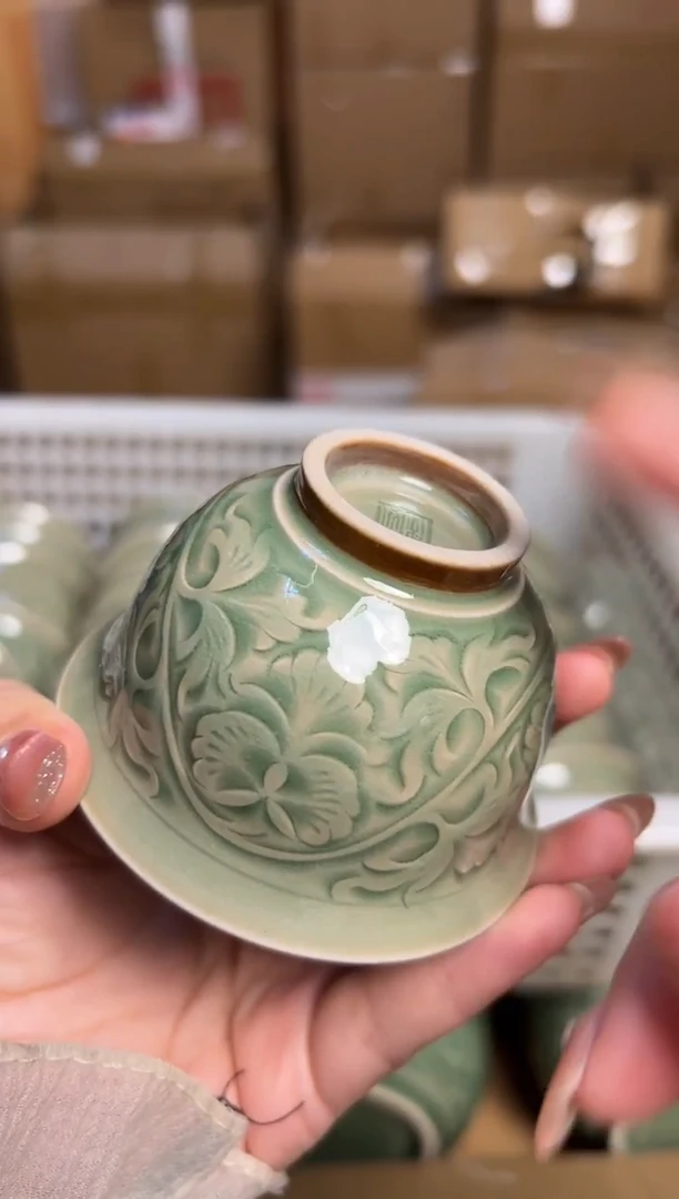 陶瓷耀州窑纯手工秘色缠枝牡丹压手杯正品一个