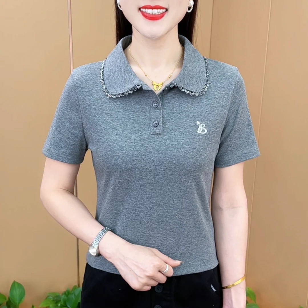 夏季时尚小众设计感洋气花边翻领刺绣t恤减龄显瘦短袖上衣M2629