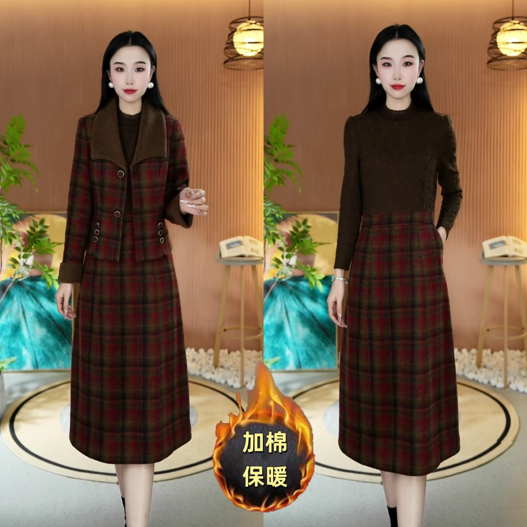 8886外套+连衣裙]冬季加厚夹棉格子连衣裙两件套时尚气质保暖套装