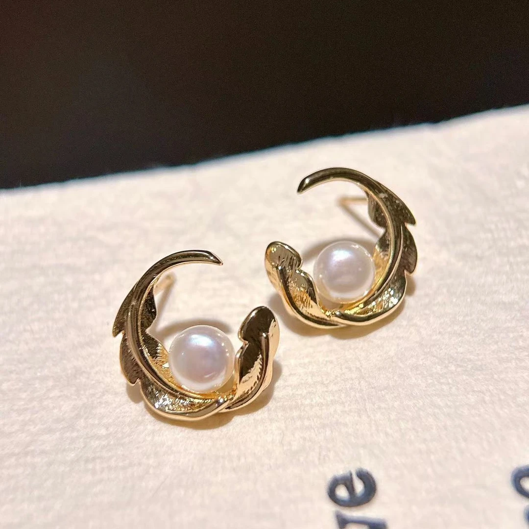 新品爆款风情超美羽毛珍珠耳钉中古风格独特设计