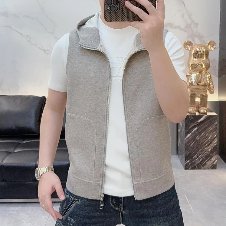 2025潮牌秋冬新款时尚简约纯色百搭经典大气连帽无袖男装马甲外套