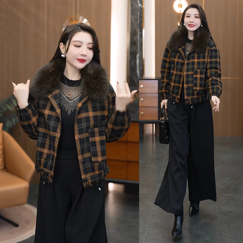 加绒加厚格子短外套女2025秋冬新款宽松显瘦可拆卸毛领夹克上衣