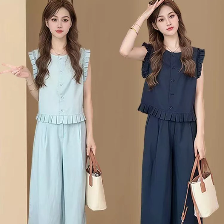 071--2025夏季单排扣圆领花边背心上衣+阔腿裤亚麻套装女