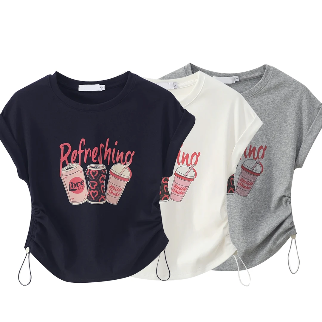 2025韩版常规款短袖抽褶短款常规印花T恤百搭小众欧若智性风时尚