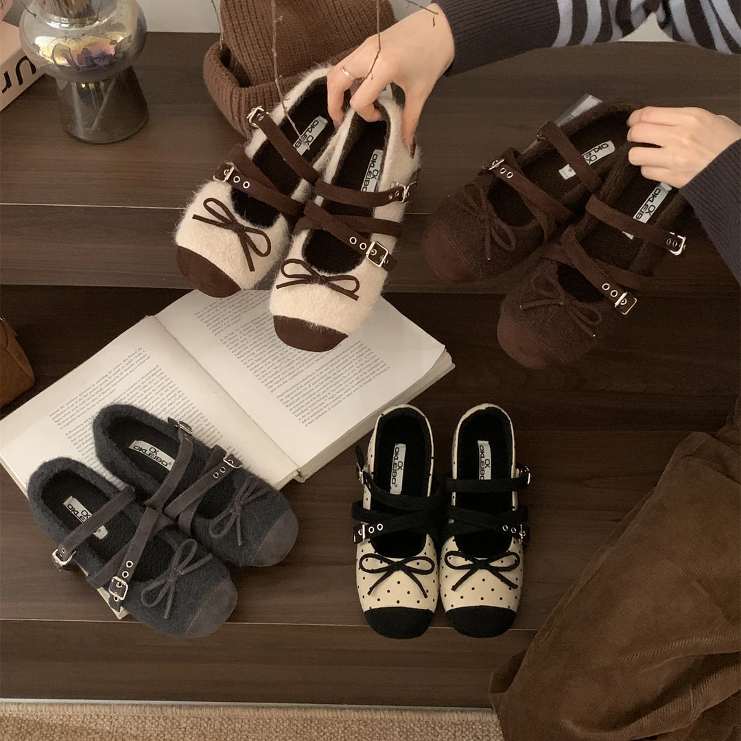 内增高蝴蝶结芭蕾舞毛毛鞋女2025秋冬新款配裙厚底加绒玛丽珍单鞋