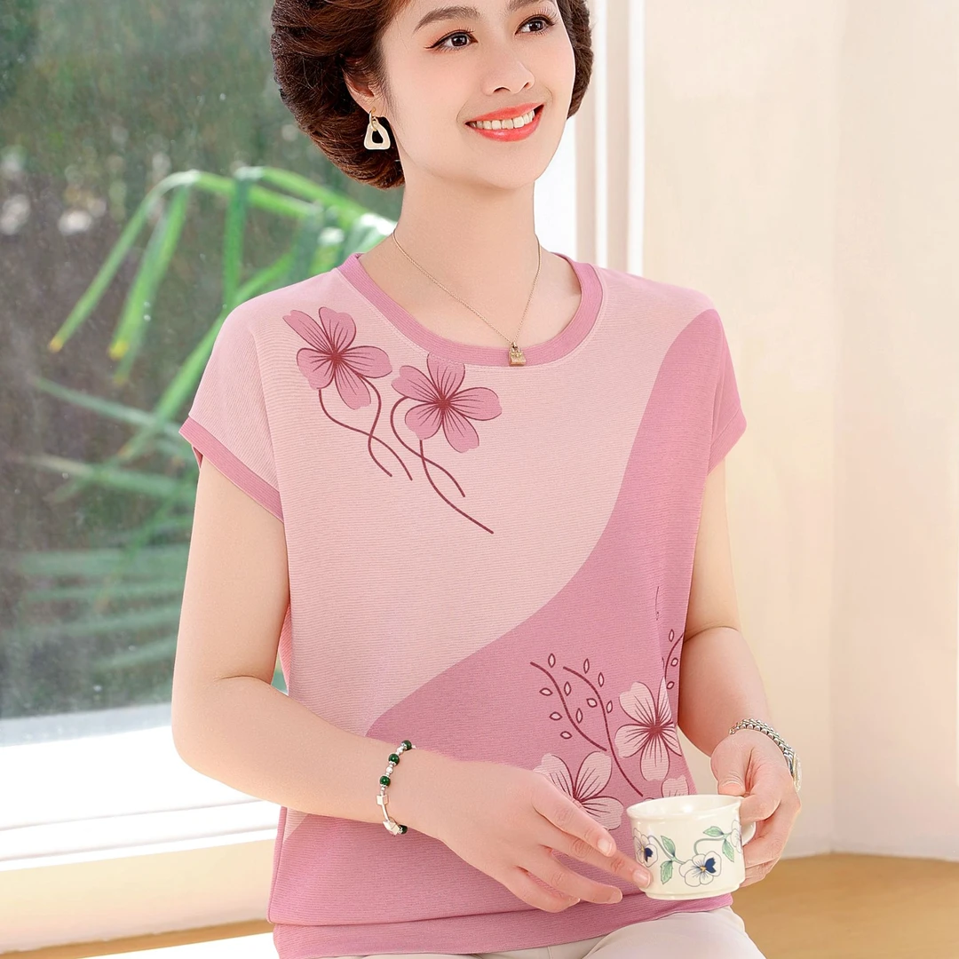 2025新款中老年女装夏季短袖T恤时尚圆领小衫妈妈装蝙蝠袖薄上衣
