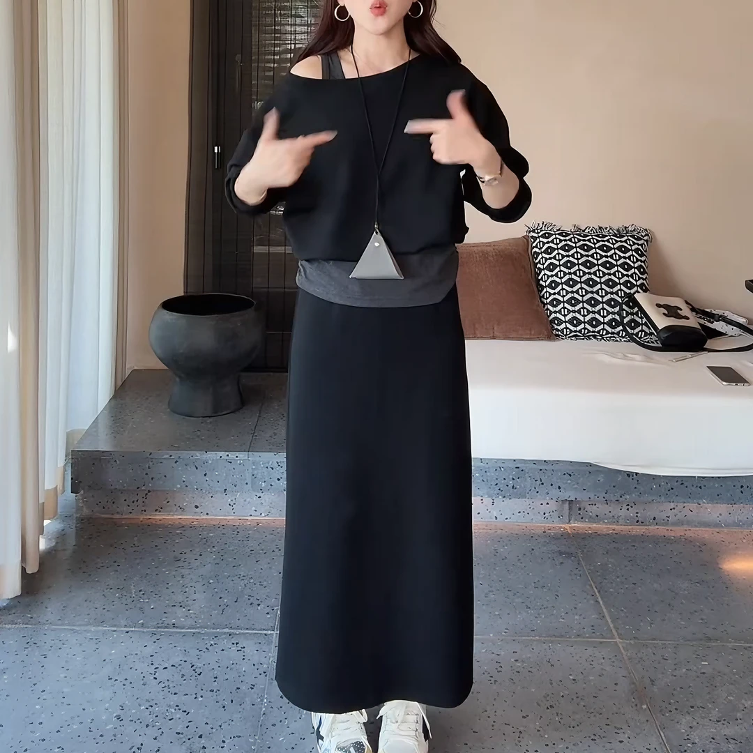 【慵懒公式】秋季新款欧货假两件露肩卫衣+半裙两件套套装LK2505810