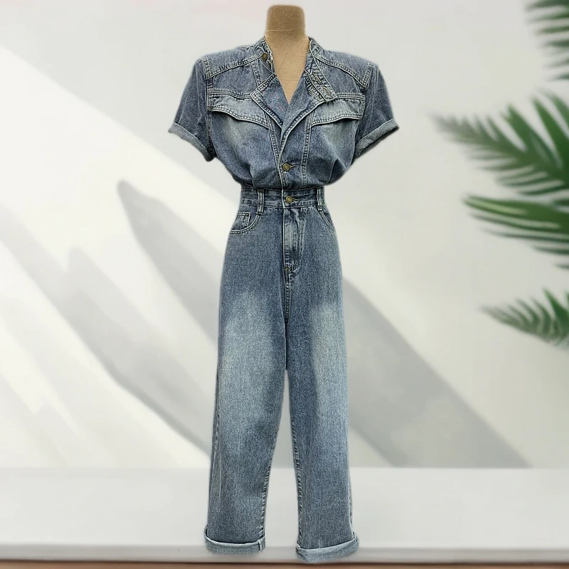 H7009-1港风设计感气质时尚高腰夏季收腰显瘦牛仔阔腿连体裤女