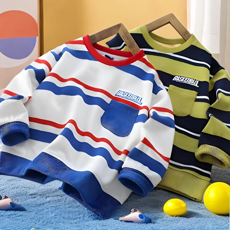 男童条纹圆领卫衣2025秋季中大童休闲套头上衣儿童长袖T恤衫2913