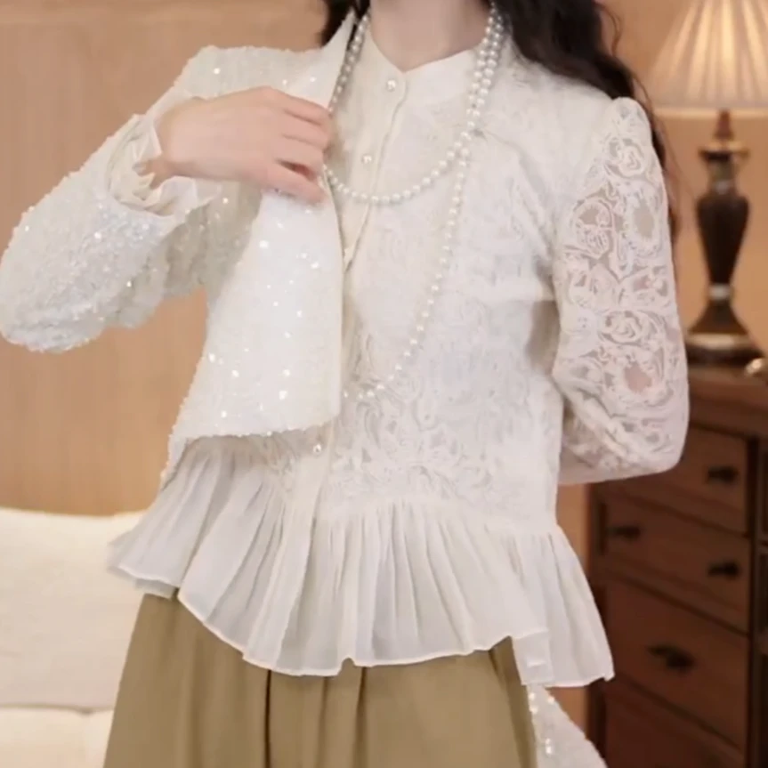 设计感无弹圆领镂空花荷叶边女式衬衫2025春款洋气套头蕾丝上衣