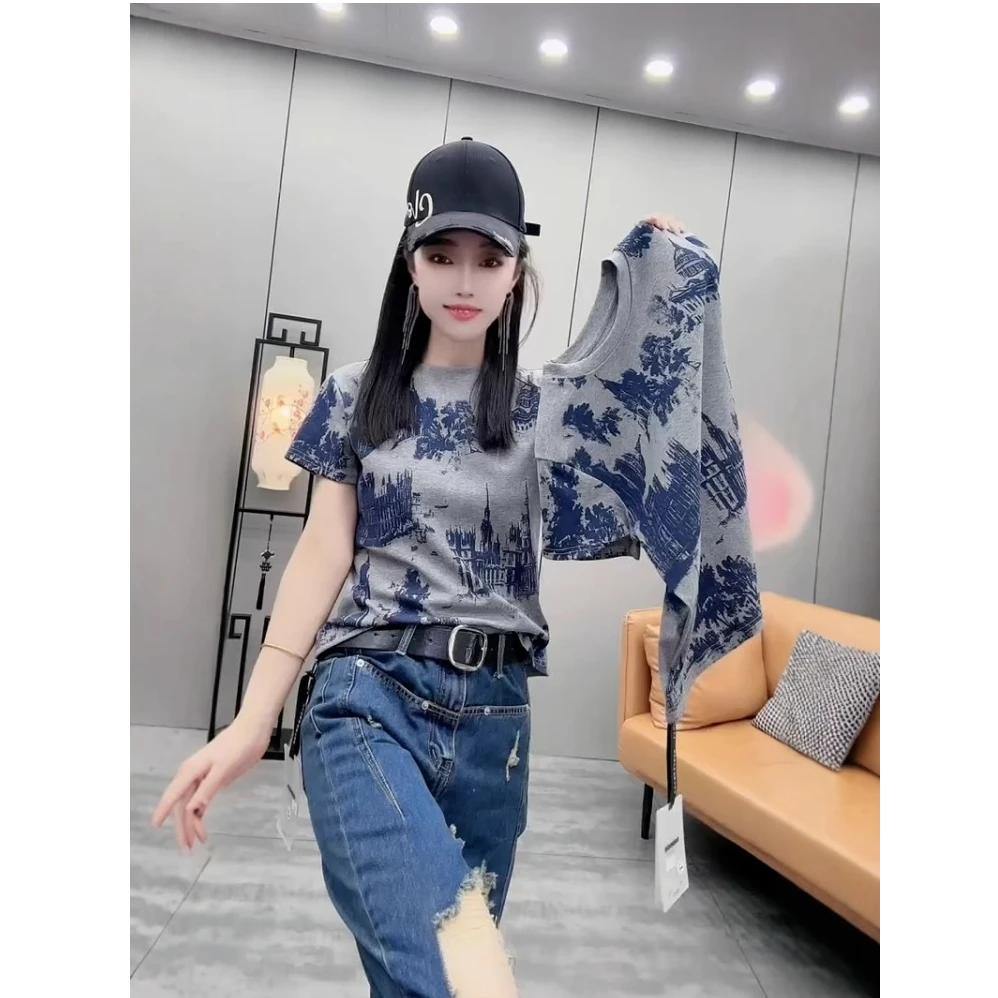 欧货复古扎染拼色纯棉短袖T恤女2025夏圆领洋气宽松百搭正肩上衣