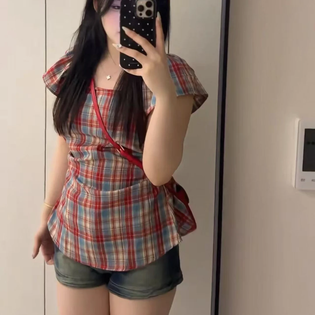 婷婷家纯欲风一字肩格纹衬衫女2025夏季新款收腰显瘦甜辣妹上衣