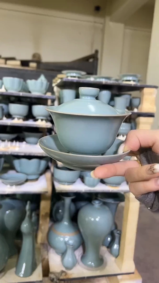 李照卫省大师纯手工亲工款仿古釉三才盖碗支钉烧