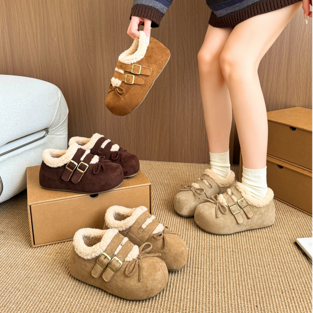 冬季厚底勃肯鞋加绒魔术贴蝴蝶结女2025新款百搭软底外穿棉鞋保暖