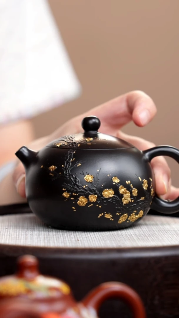 茶壶紫砂捂灰朱泥描金梅花西施