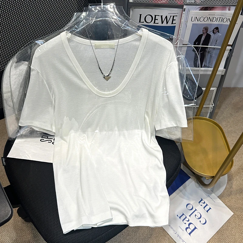 2025新款莫代尔V领短袖T恤女夏基础高级感简约宽松休闲百搭上衣服