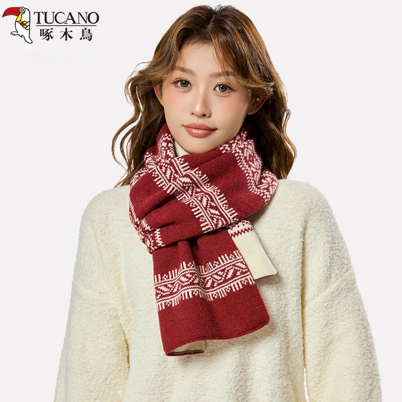 啄木鳥2025春新款红白色雪花针织围巾女保暖双面复古文艺围脖春季