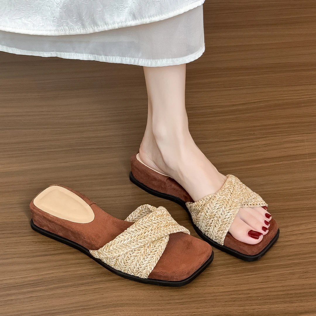 编织度假风法式仙女凉拖女夏季2025新款厚底坡跟凉鞋一字拖沙滩鞋