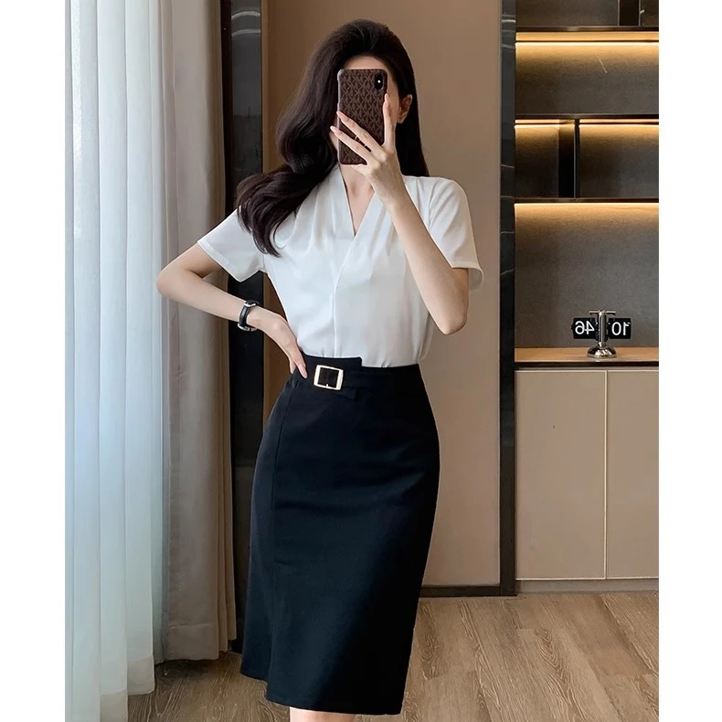 雪纺V领白色衬衫2025新款高级感西装内搭面试职业正装衬衣工作服