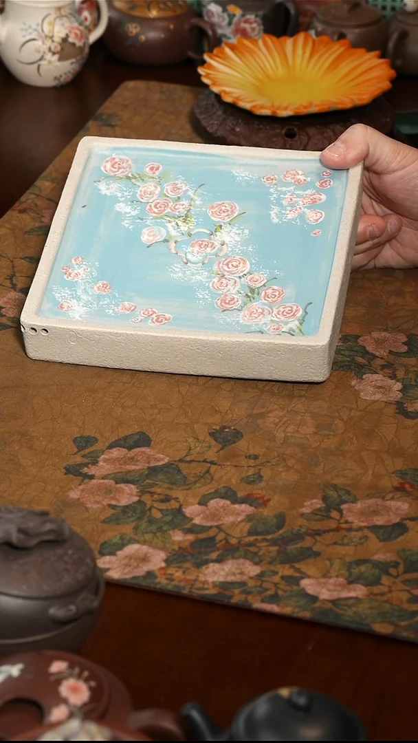 茶壶紫砂四方锤纹蓝色玫瑰壶承