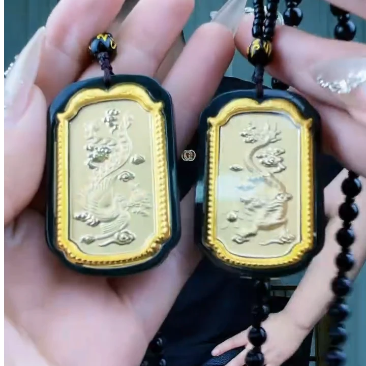 和田玉塔青足金镶嵌龙凤一对吊坠（拍一发一，多样性发货！）