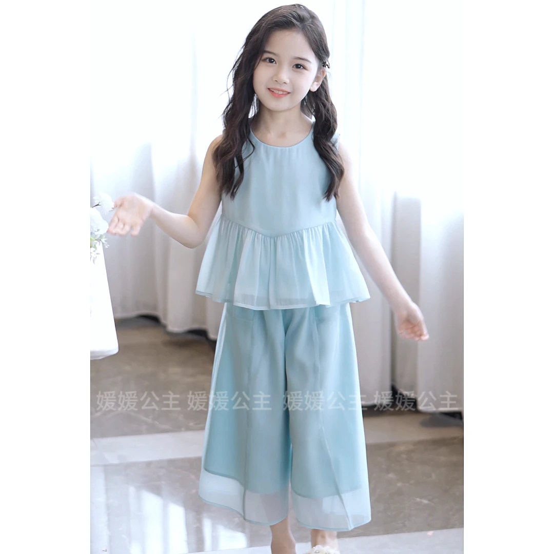 媛媛公主媛【冰川蓝】夏季女童中大童清爽九分裤套装14250B132