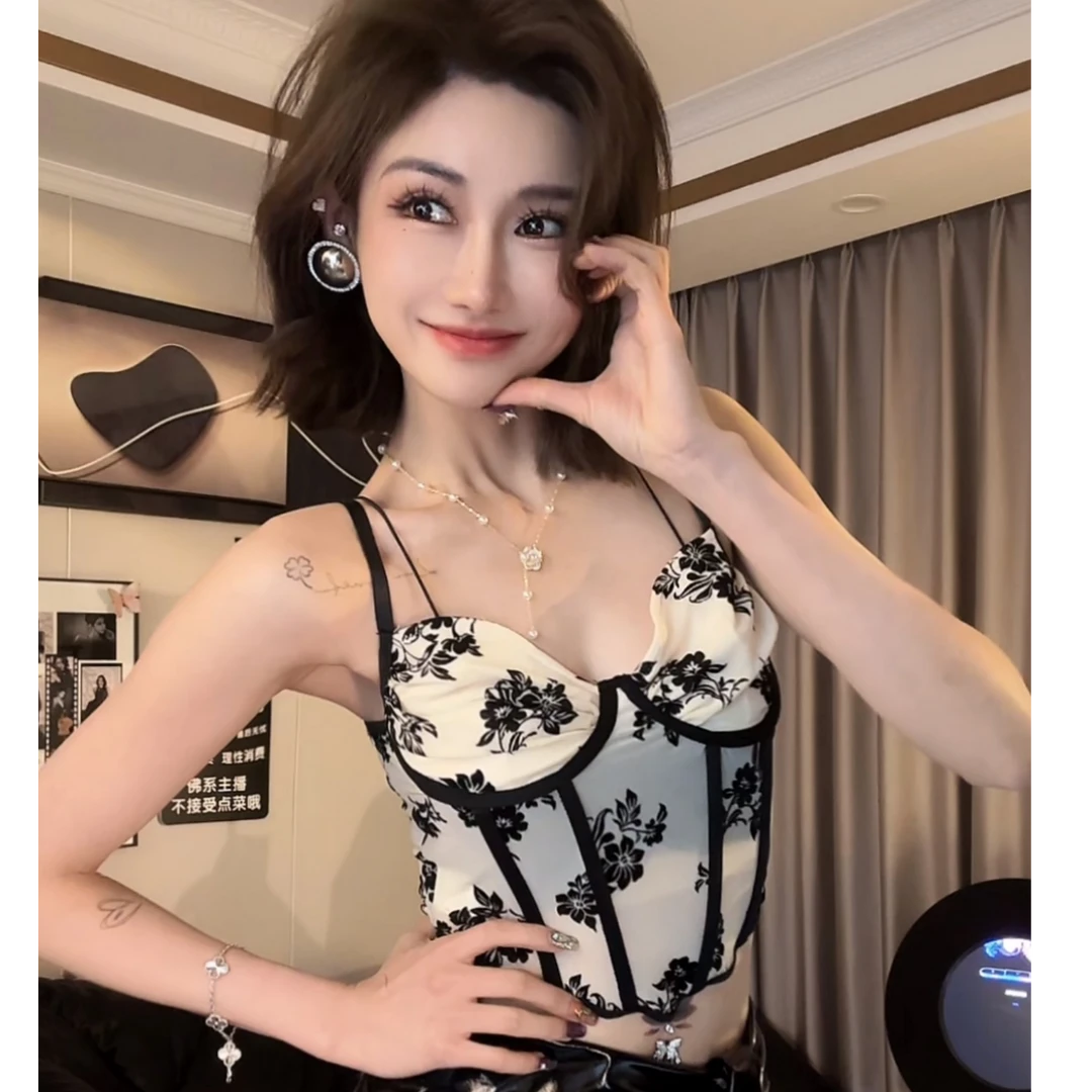 辣妹性感深V植绒花朵透视钢圈鱼骨修身小背心