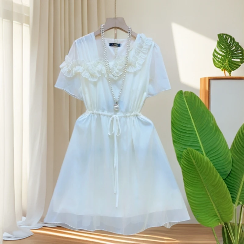 大码女装V领荷叶边短袖蕾丝裙胖MM法式气质夏季款洋气淑女连衣裙