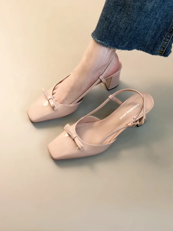 Elingjk/6cm法式仙女风蝴蝶结气质方头后绊带粗跟包头凉鞋