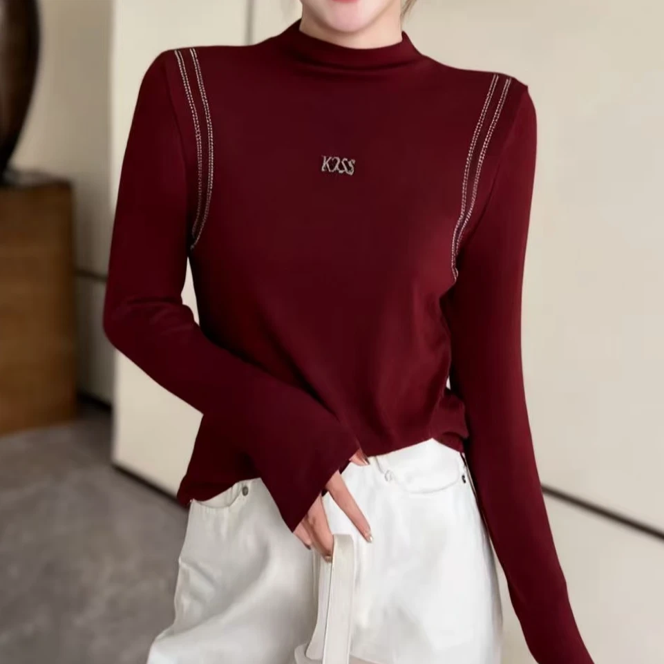 2025秋冬新款时尚烫钻打底衫百搭T恤长袖气质显瘦女上衣2273长58