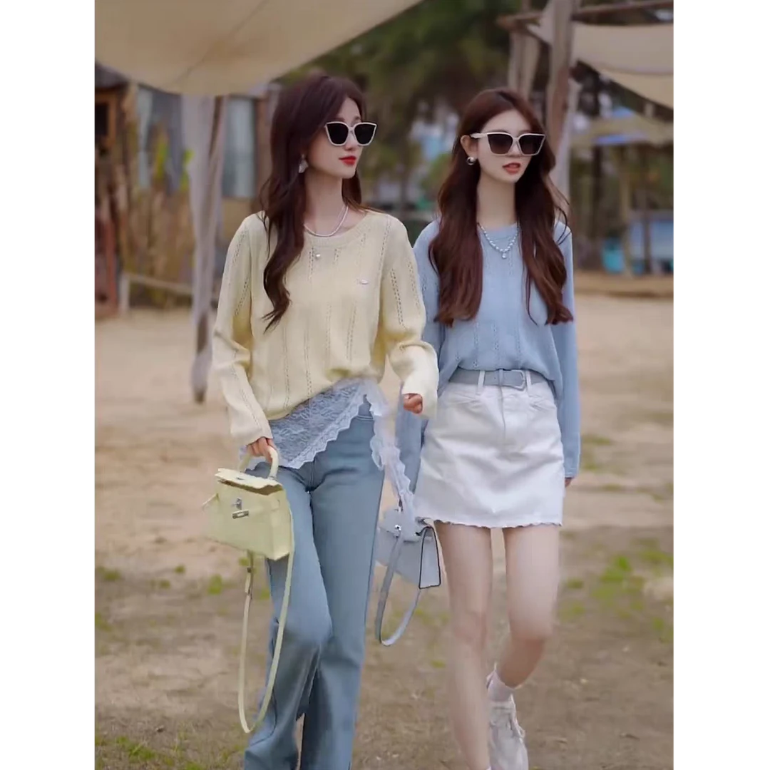 后背纽扣设计感圆领针织衫女春夏季新款薄款镂空上衣长袖防晒罩衫