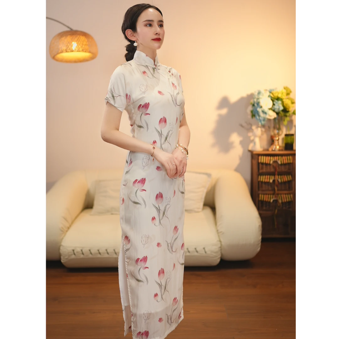 戚薇原创【月光白茶】长120早春高品质国风旗袍