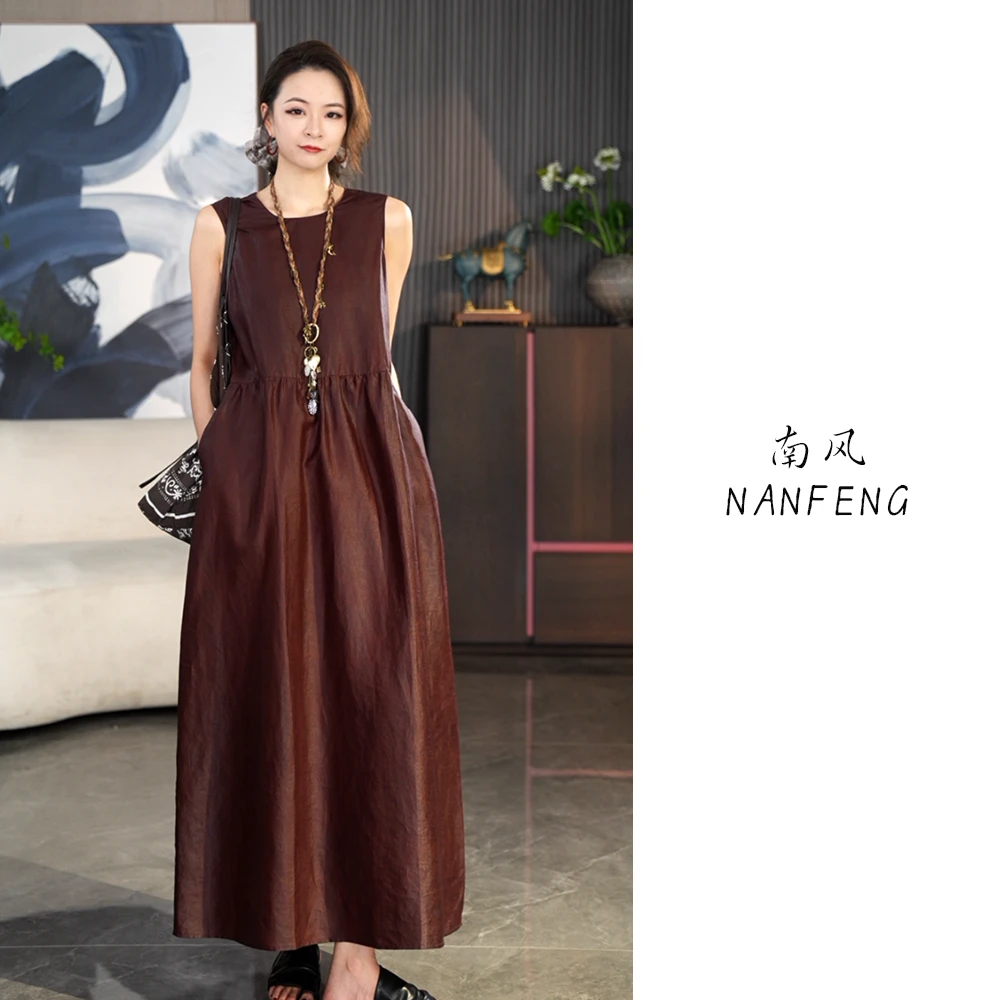 100%桑蚕丝龟裂纹夏季极简红云纱无袖优雅长款连衣裙 85D730