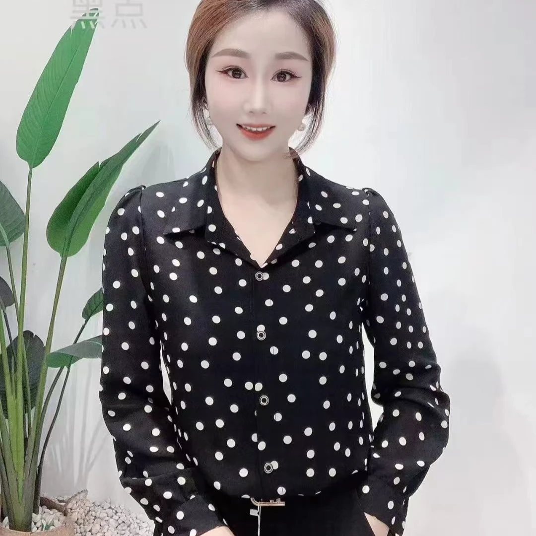 秋季新款POLO开衫长袖衬衫洋气百搭气质显瘦波点衬衫2692