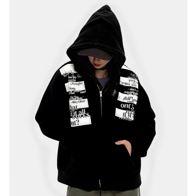 美式复古休闲时尚印花贴布披肩设计学院中性风麂皮绒连帽外套情侣