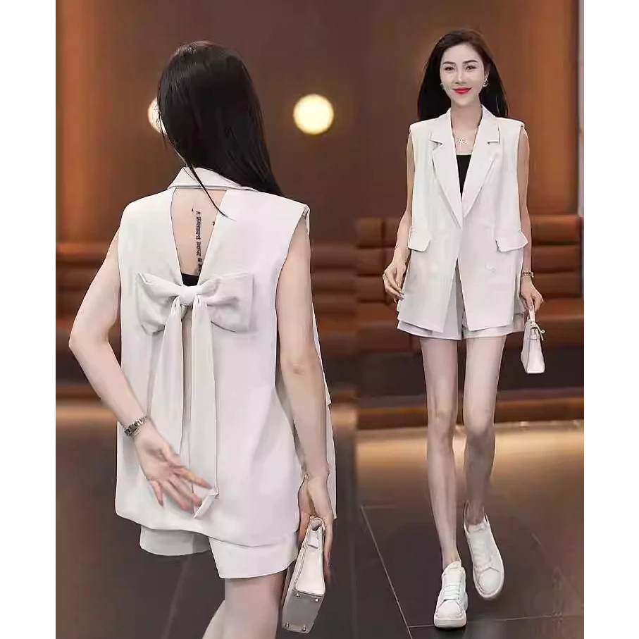 拉夏贝尔极简休闲风时尚套装2025年无袖百搭白色夏季减龄西装套装