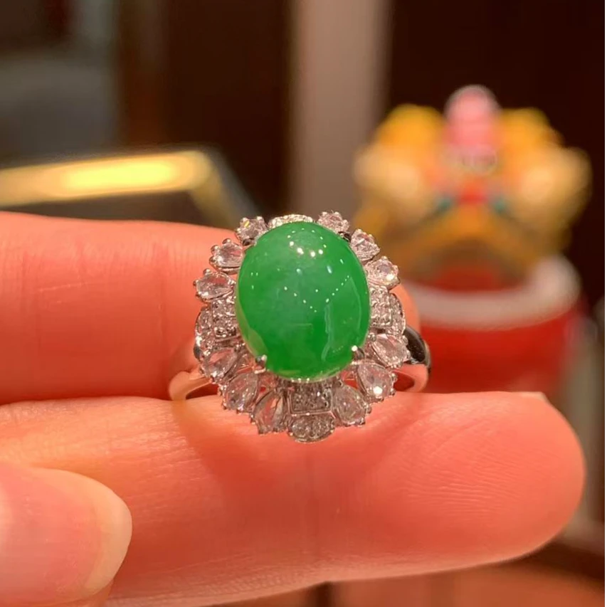 18K金镶嵌天然A货缅甸翡翠满绿蛋面戒指880904