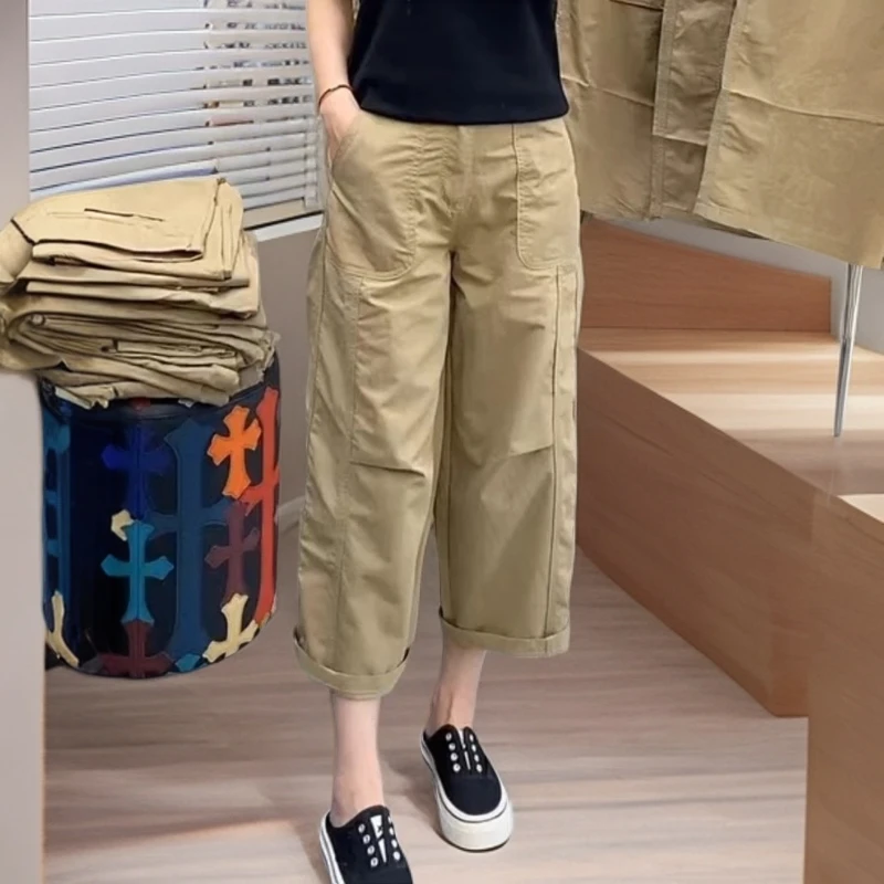 时尚大码女装休闲裤2025年夏季薄款高腰显瘦百搭九分弯刀阔腿裤女