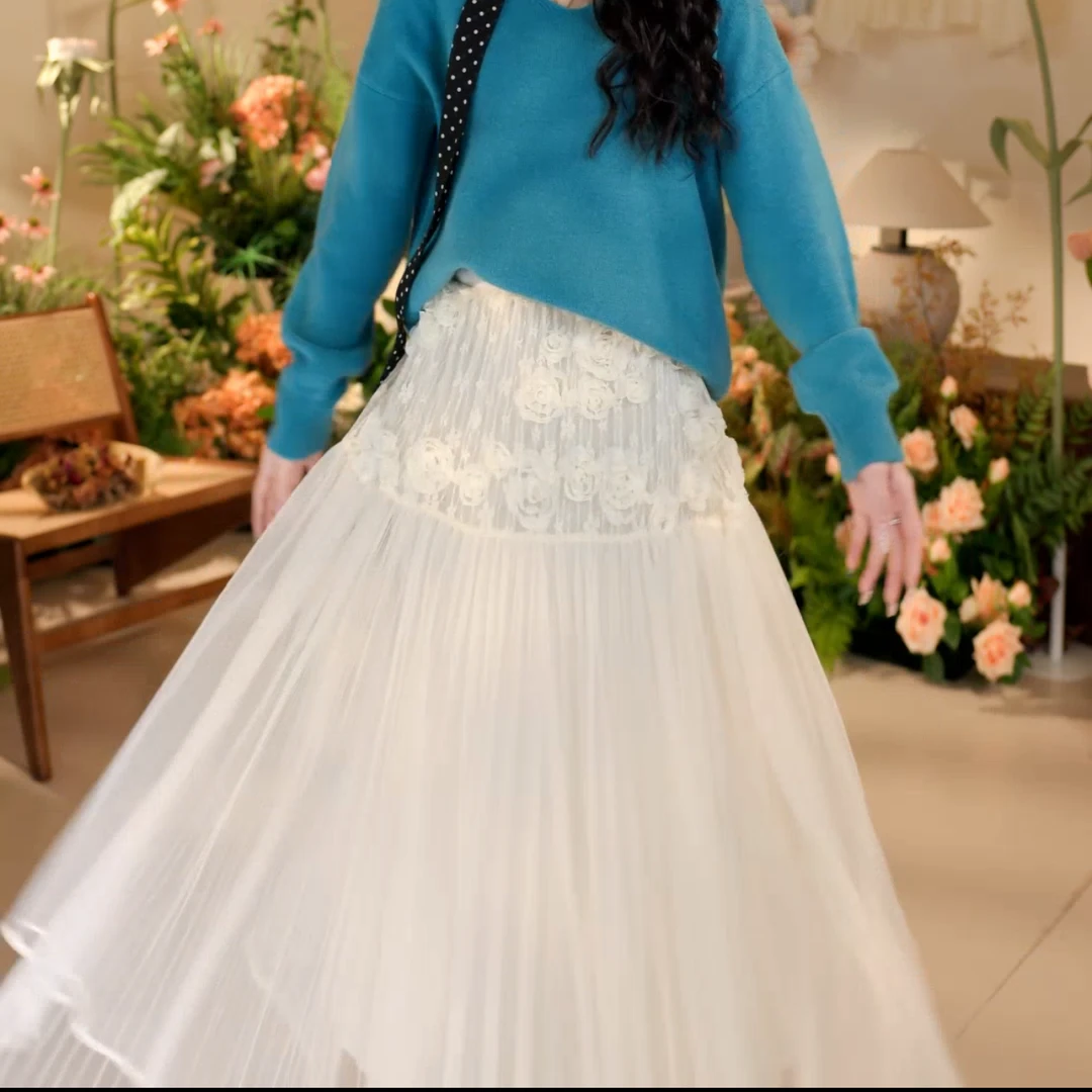 2025年设计感立体花朵半身裙女早春新款韩系显瘦高腰仙女长裙819