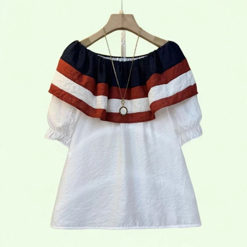 褶皱短袖夏季百搭一字领套头衬衫洋气泡泡袖清凉感撞色时尚气质