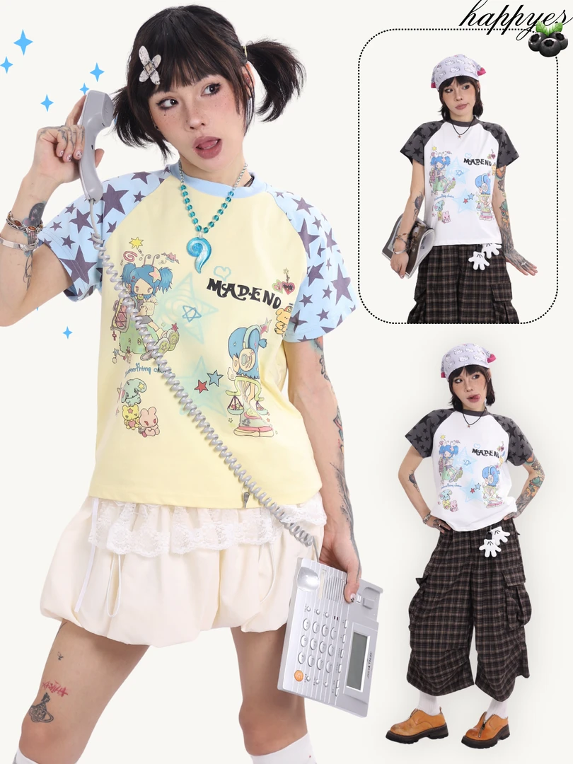 happyes“蝴蝶女孩”涩谷风轻亚短袖/夏季复古插肩袖精致凉爽上衣